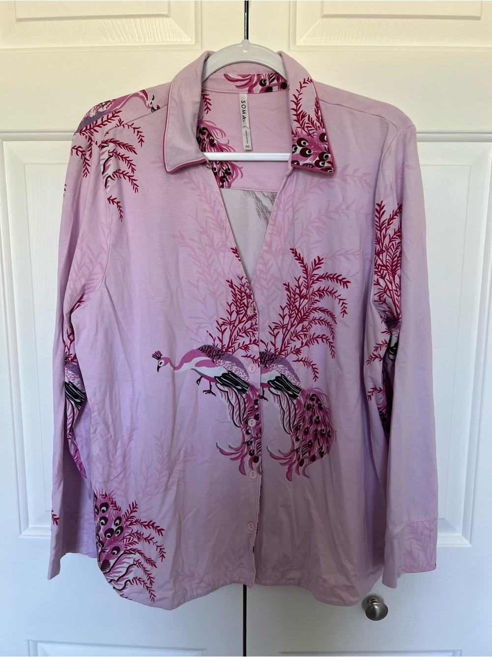 Soma Lavender Button-Up Shirt with Magenta Peacock Print